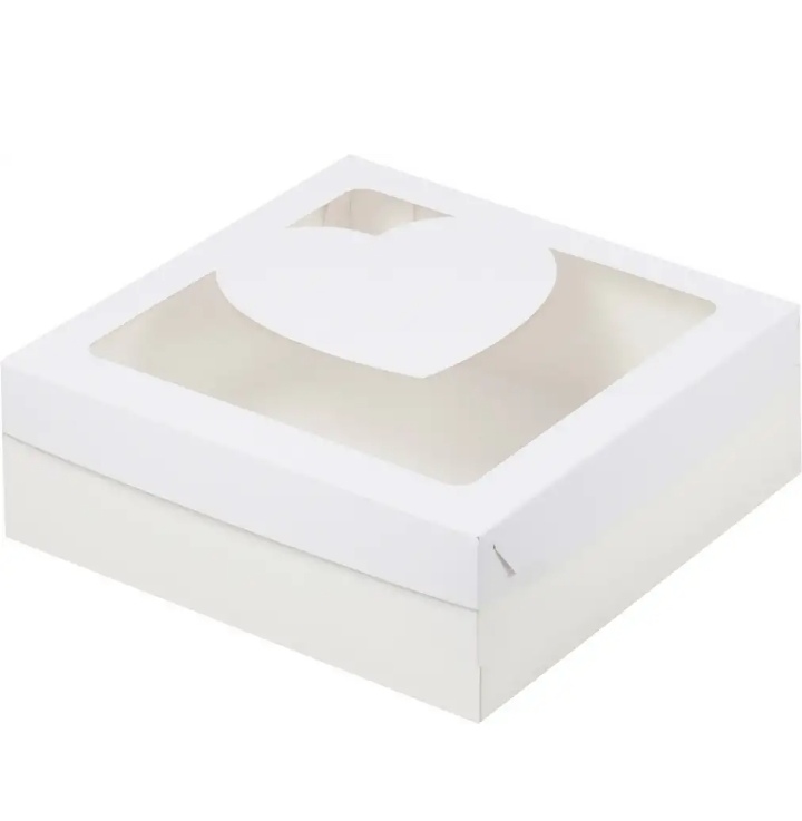 картинка Коробка для зефира,тортов и пирожных с окошком и вставкой сердце 200*200*70мм (белая) от магазина Компания+