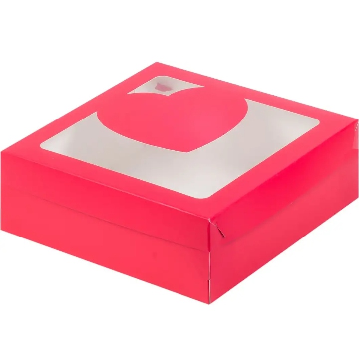 картинка Коробка для зефира, тортов и пирожных с окошком и вставкой сердце 200*200*70мм (красная) от магазина Компания+